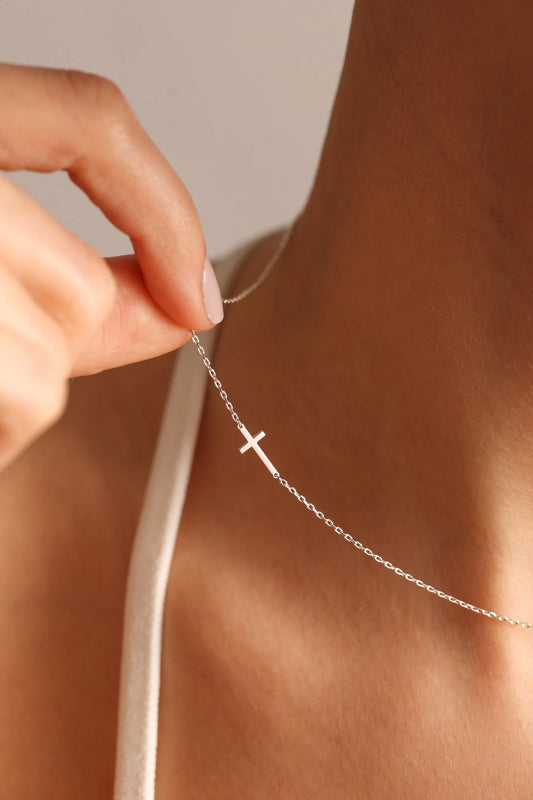 Sideways Cross Necklace Gold or Silver, Minimalist Christian Jewelry for Women, Dainty Faith Gift, Religious Pendant, Confirmation, Baptism
