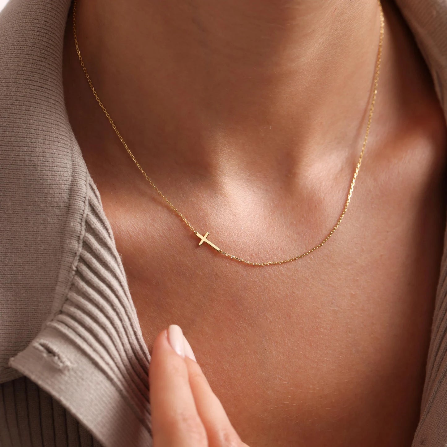 Sideways Cross Necklace Gold or Silver, Minimalist Christian Jewelry for Women, Dainty Faith Gift, Religious Pendant, Confirmation, Baptism
