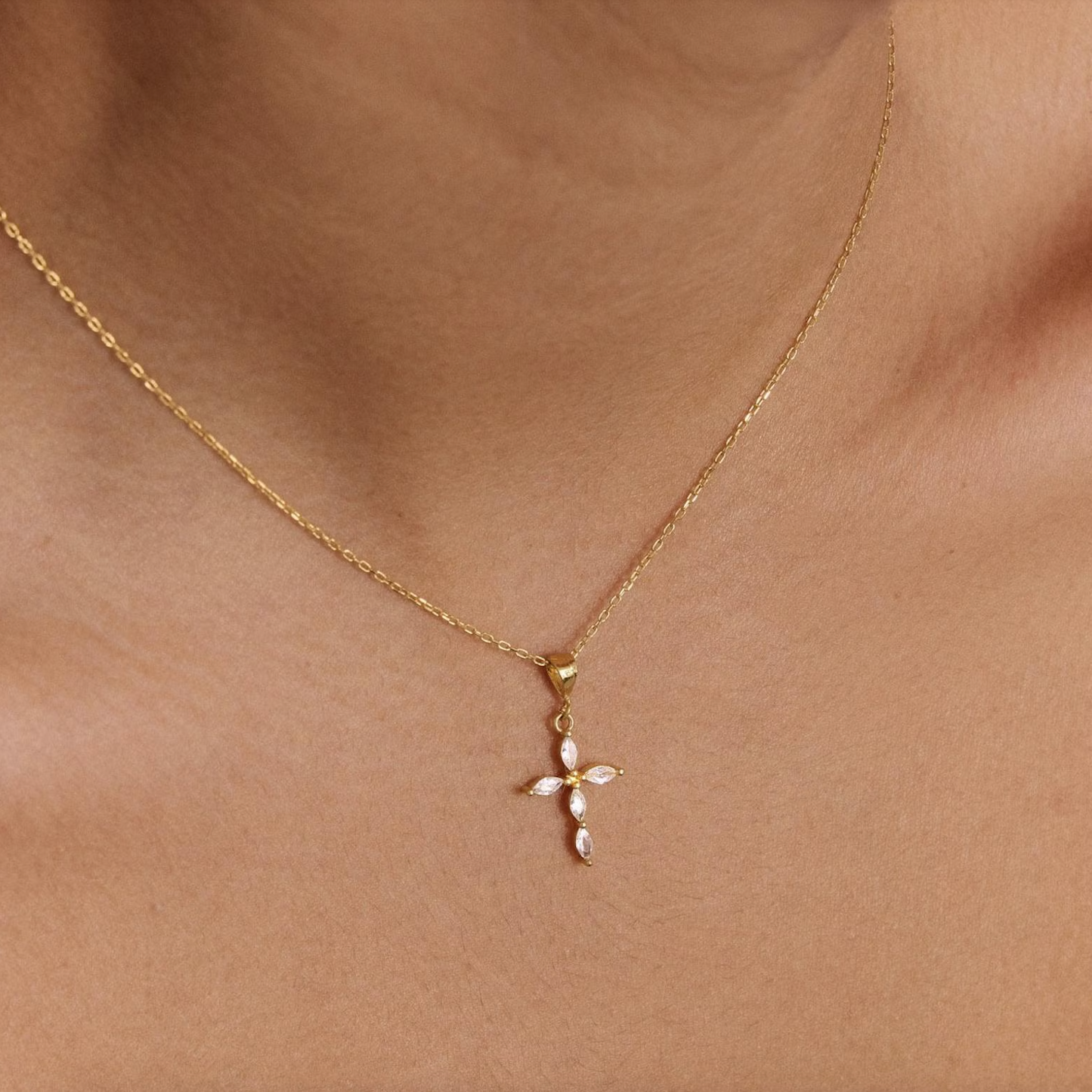 Gold Cross Necklace: Marquise Crystal Pendant |  Christian Jewelry for Women | Religious Gift | Faith Bracelet | Catholic Present