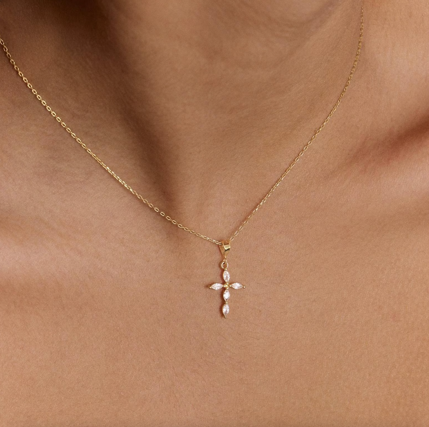 Gold Cross Necklace: Marquise Crystal Pendant |  Christian Jewelry for Women | Religious Gift | Faith Bracelet | Catholic Present