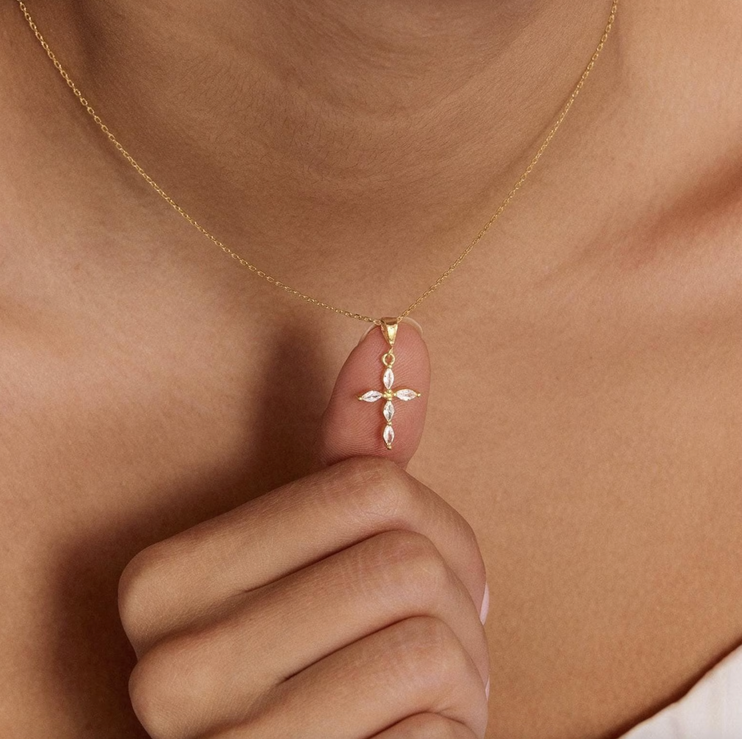 Gold Cross Necklace: Marquise Crystal Pendant |  Christian Jewelry for Women | Religious Gift | Faith Bracelet | Catholic Present