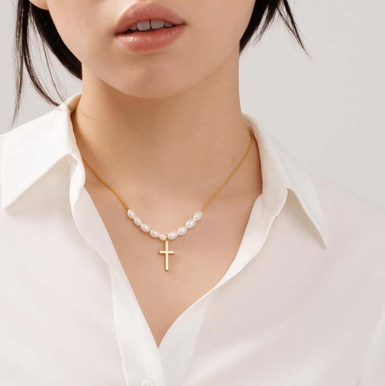 Pearl Cross Necklace: Dainty 18k Gold-Plated Christian Jewelry for Women | Religious Gift | Catholic
