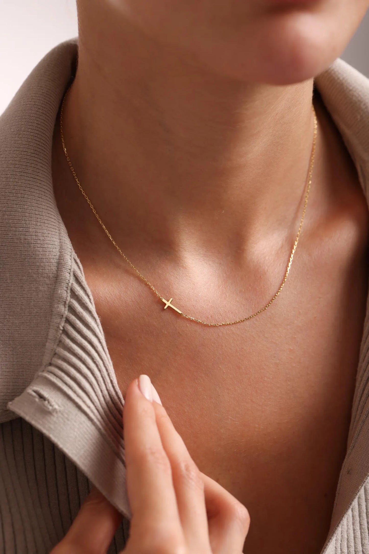 Sideways Cross Necklace Gold or Silver, Minimalist Christian Jewelry for Women, Dainty Faith Gift, Religious Pendant, Confirmation, Baptism