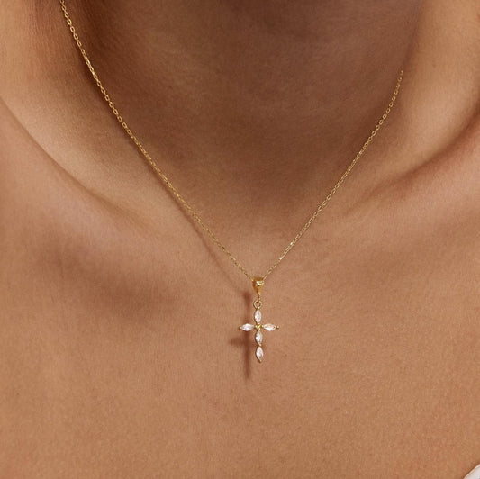 Gold Cross Necklace: Marquise Crystal Pendant |  Christian Jewelry for Women | Religious Gift | Faith Bracelet | Catholic Present
